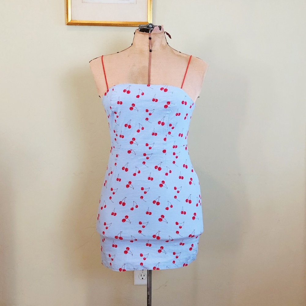 Choies Blue Cherry Print Women Cami Mini Dress